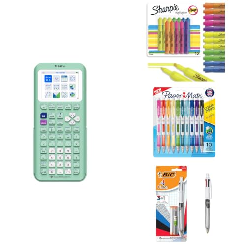Image of TI-84 Evo Graphing Calculator Mint + Sharpie Tank Highlighters 12 Count + Paper Mate Clearpoint 0.7mm Pencils 10 Count + BIC 4-Color 3+1 Pen 0.7mm Bundle