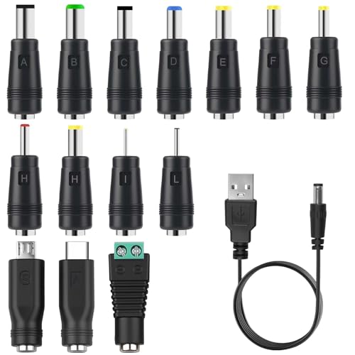 14 en 1 Chargeur Câble USB A vers DC 5.5x2.1 mm Câble Adaptateur DC Rond avec Embout Micro/Type-C Connecteurs pour Ventilateurs Routeurs Lampes Ruban LED Rasoir Box TV PC Diffuseur Universel 1M