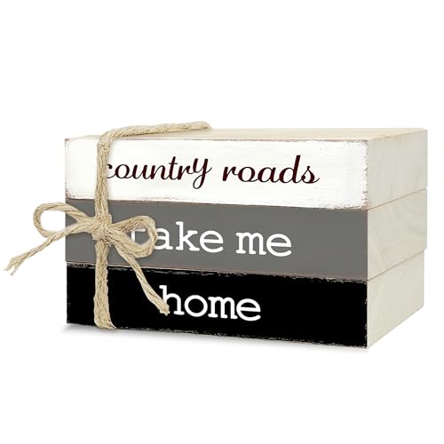 Decorative Books for Home Decor, Rustic Wood Book Stack for Table Decor, Country Roads Take Me Home Decoration Books for Living Room Bookshelf, Farmhouse Stacked Books Decoration (L65)