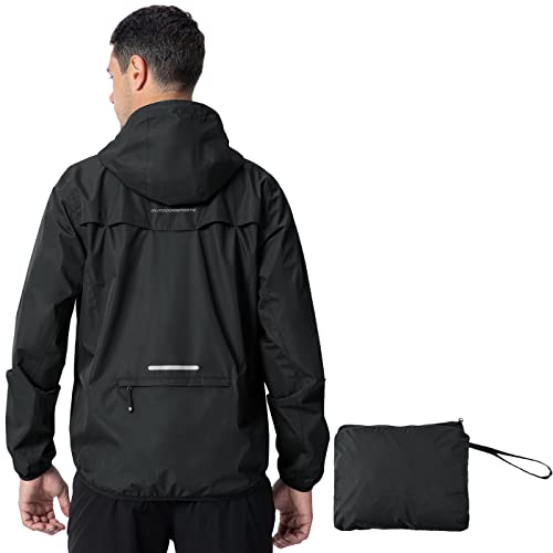 donhobo Men's Waterproof Jacket,Waterproof Rain Jackets Windbreaker Packable Hood Reflective Lightweight Quick Dry Raincoat with Zipper Pockets for Outdoor Cycling Traveling Black L