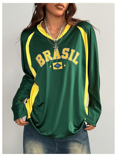 SOLY HUX Women's Y2k Brazil Jersey Shirt Letter Graphic Tees V Neck Long Sleeve Oversized Tops Streetwear3