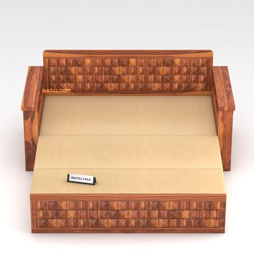 Image of Sheesham Wooden Sofa Cum Bed for Living Room with Side Pocket Storage - 3 Seater Sofa Cum Bed with Storage - 3 Person Sofa Cum Bed Wooden with Premium Cushion Seating (Honey F)