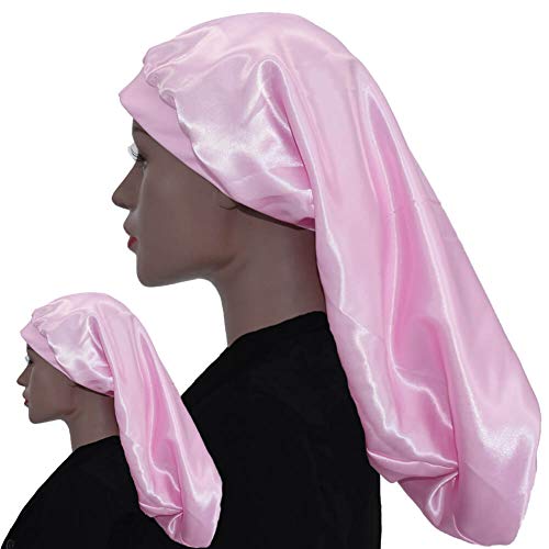 Satin Hair Bonnet Sleep Cap - Double Layers, Extra Large, Comfort XL Huge, Pink with Soft Elastic for Women Sleeping Cover Real Long Nature Curly Braids