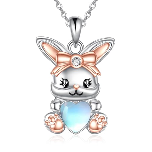 Fox/Bunny/Bat/Elephant/Unicorn Necklace 925 Sterling Silver Cute Animal With Heart Moonstone Cubic Zircon Pendant Necklace For Women Animal Jewelry Gifts