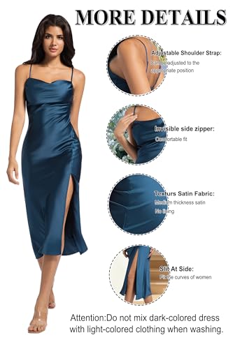 Image of Wedding Guest Dress for Women Spaghetti Strap Satin Slip Dresses | Slit Midi Dress, Cowl Neck, Cocktail, Formal, Evening Party