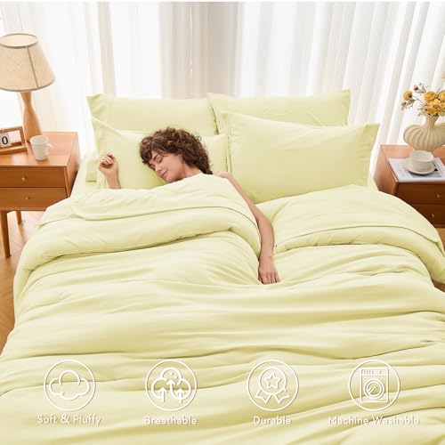 MUXHOMO 7 Pieces Queen Comforter Set, Soft Bed in a Bag Queen Size, All Season Bedding Set with Comforter, Flat Sheet, Fitted Sheet, Pillowcases & Shams, Cream Yellow