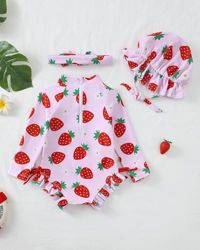 Image of Renotemy Baby Girls Swimsuit Drawstring Zip Bathing Suit Long Sleeve One-Piece Rash Guard Swimwear with Hat for Infant Girl