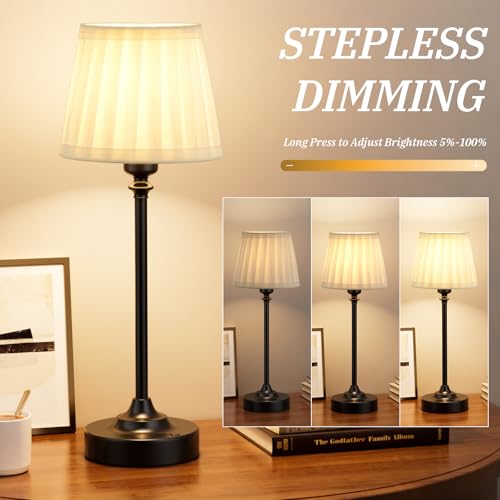 Image of Cordless Table Lamps Rechargeable Set - 2 Pack Black 4000mAH Battery Operated Lamps for Decor, 3000K Stepless Dimming Touch Control Wireless Lamps for Bedroom, Dining Table, Living Room, White Shade
