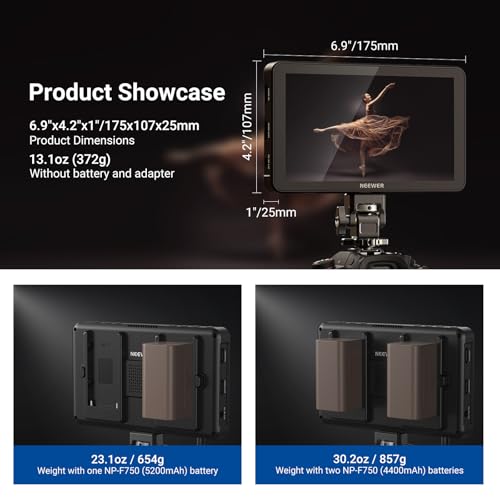 Image of NEEWER F600 7 inch Camera Field Monitor, 2400nit HD 1920x1080 IPS Touch Screen with 3D LUT, 4K HDMI Loop in /Out with Peak Focus DSLR Video Assist HDR Waveform, Cold Shoe Mount, 2 NP-F750 Batteries & Cable