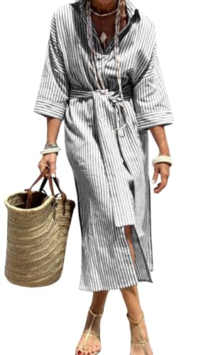Image of chouyatou Women's Summer 3 /4 Sleeve Striped Shirt Dress Belted Maxi Long Casual Button Down Beach Dress