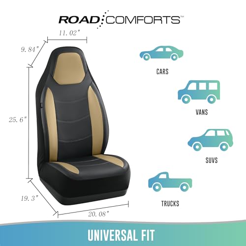 Road Comforts Car Seat Cover, Front Leather Car Seat Covers, Automotive Low Back Sport Car Seat Covers, Airbag Compatible, Universal Fit for Most Cars (Beige)