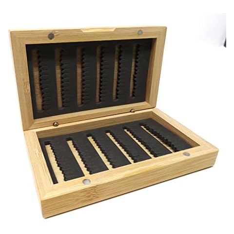 HAWKRIDGE SPORTS UK Brand -NATURAL BAMBOO WOOD Pocket size Fishing fly storage box 14cm x 8.5cm x 3.5cm slotted foam Water resistant finish. Very attractive Cover