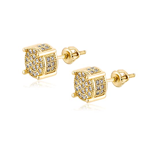 TOPGRILLZ Screw Back Earrings 14K Golden Plated 5A+ Cubic Zirconia Cluster Round Screw On Stud Earrings For Men Women Aretes De Hombre
