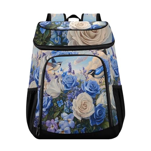 Blue Rose Flowers Birds Cooler Backpack Cooler Insulated Leak Proof Lunch Backpack 36 Cans Waterproof Soft for Men Women Picnic Hiking Camping Beach