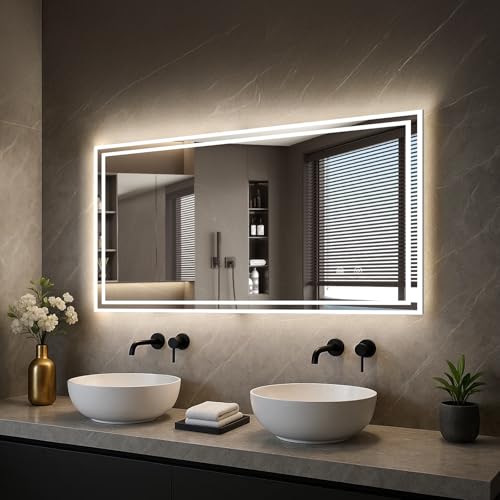 CROWNSHOP Bathroom Mirror with LED Lights 100x60cm Demister Touch Sensor | IP54 Waterproof | 5mm HD Explosion-Proof Glass | Aluminum Frame | Detachable Plug | Memory Lighting Horizontal/Vertical Mount