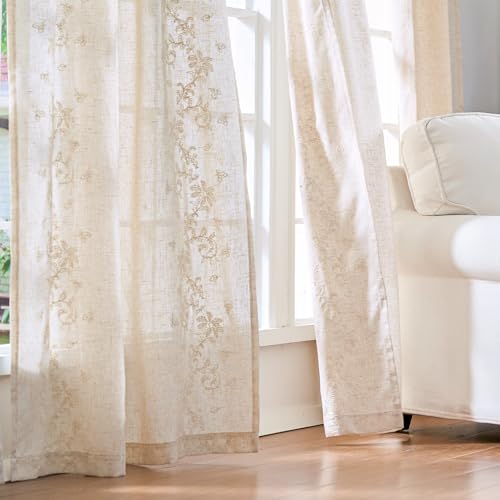 Image of jinchan Floral Linen Curtains, Back Tab 50x96 Inch, 2 Panels Ivory