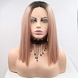 xiweiya Short Ombre Rose Gold Wig Straight Cut Peach Bob Lace Front Wigs with Dark Root Middle Part Short Pink Bob Heat Resistant Fiber Hair Replacement Wig Women Drag Queen Makeup 14inch