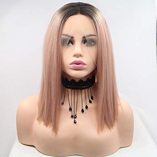 xiweiya Short Ombre Rose Gold Wig Straight Cut Peach Bob Lace Front Wigs with Dark Root Middle Part Short Pink Bob Heat Resistant Fiber Hair Replacement Wig Women Drag Queen Makeup 14inch