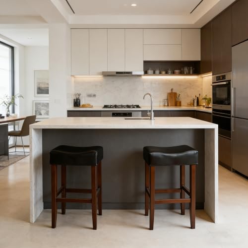 Image of 2 PCS Waterproof Rectangular Bar Stool Covers 14x18X4 Faux Leather Stretch Rectangle Saddle Stool Covers Heavy-Duty for Kitchen Counter & Lab Washable-Black
