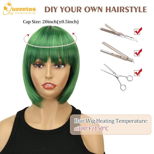 Image of QUEENTAS 10 Inch Short Straight Green Bob Wig for Women with Bangs Glueless Synthetic Hair Natural Looking for St Patrick's Day Halloween Cosplay