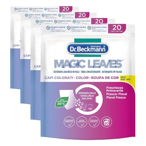 Dr. Beckmann MAGIC LEAVES Detergente Lavadora en hojas de colores | Fácil de usar, fácil de almacenar y transportar | 20 hojas (Paquete de 4)