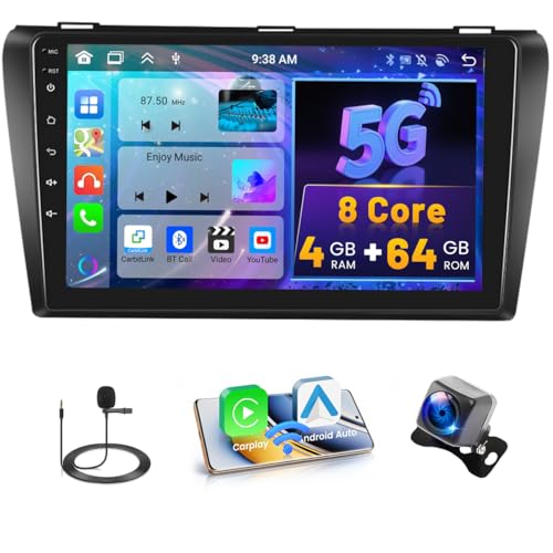 Hikity 8-Core 4+64GB Android Autoradio Wireless CarPlay Mazda 3 2003-2009 mit Navi Touch Screen 9 Zoll Android Auto, Bildschirm Bluetooth Freisprecheinrichtung, DSP 32EQ, FM RDS, Rückfahrkamera