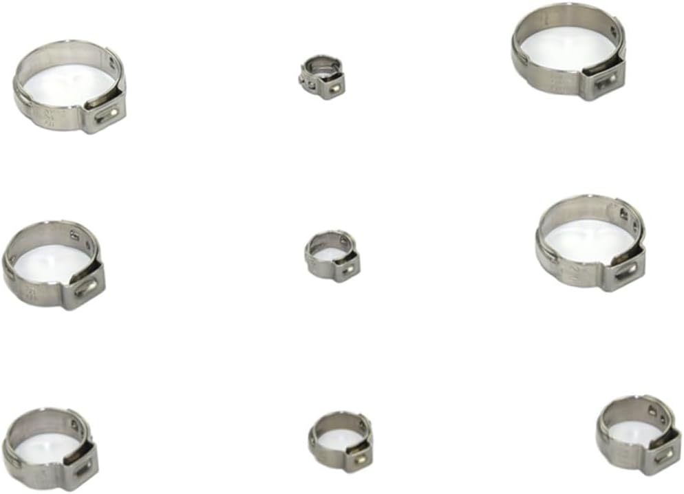 80 Piece Stainless Steel Single Ear Hose Clamps 7-21.0mm Adjustable | Rounded Band Design, Silver Finish, Automotive and Electronic Use, Prevents Hose Damage, 80pcs Set