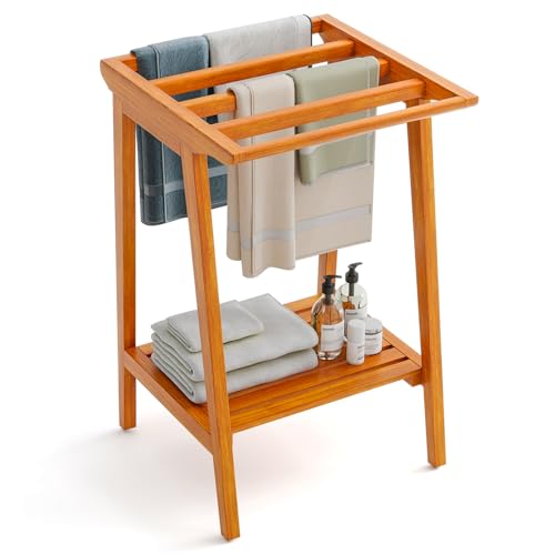 Giantex Teak Towel Rack for Bathroom, 5 Bars Freestanding Towel Racks with Storage Shelf, Wood Shower Clothing Drying Rack, Blanket Stand for Living Room Poolside, 19.5