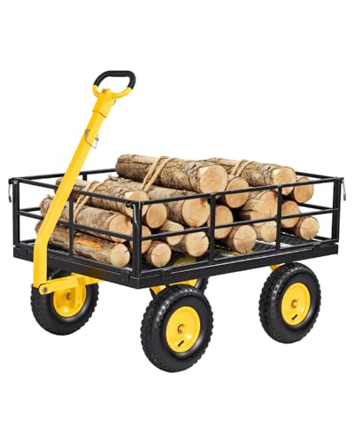 Image of VEVOR Steel Garden Cart, 1200 lbs Heavy Duty Pullable Garden Wagon Yard Cart, 2 in 1 Outdoor Metal Utility Wagon Yard Trailer with 13 inch All Terrain Tires, Mesh Detachable Sides and 180 Rotating Handle