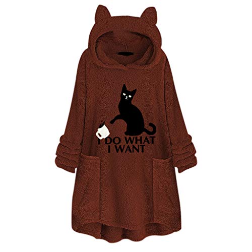 ZJRXM Cat Ear Sweatshirt for Women Cat Print Long Sleeve Plush Pullover Tops Loose Fit Soft Hoodie Outwear for Teen Girls Coffee