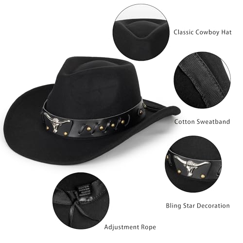 Image of Women-Classic-Western-Cowboy-Shapeable-Hat - Men-Roll-Up-Wide-Brim-Felt-Fedora-Hats-Cowgirl-Hat with Belt Buckle(M-L)