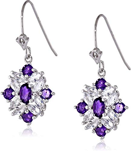 Sterling Silver Genuine Amethyst, White Topaz, and Diamond Accent Cluster Dangle Earrings