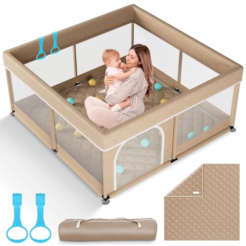 Image of Omzer Baby Playpen with Mat 50x50inch: Large Playpen for Babies and Toddlers Indoor Safety Play Pen with Soft Breathable Mesh - All-Wrapped Sponge Sturdy Play Yard with Stable Mat Magic Sticker Beige