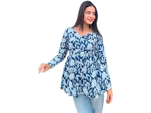 Image of Women's Floral Print Reyon Peplum Top - Casual Loose Fit 3 /4 Sleeve Tunic top, Stylish V-Neck Flared Kurti, Comfortable Everyday Wear