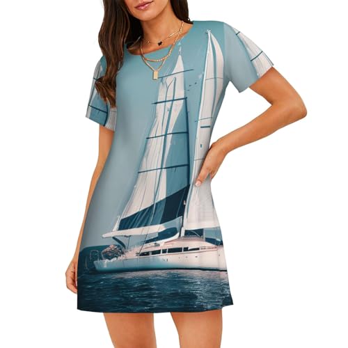 Chemise de nuit courtes manches à motif voilier, vêtement de nuit léger en coton pour femme