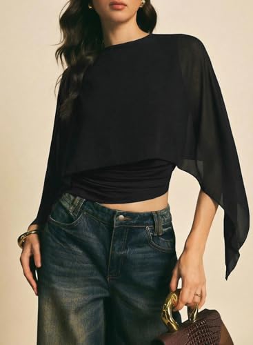 Acelitt Women's Asymmetrical Tops Casual Sheer Mesh Tops, Black, Large