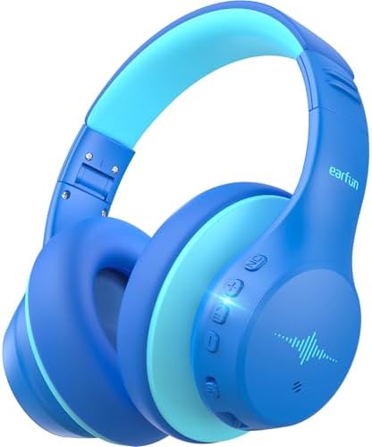 EarFun Bluetooth Kinder Kopfhörer, Noise Cancelling Kopfhörer Kinder, Blau | 74/85/94 dBA Sichere Lautstärke, 120H lange Akku, HD MIC, Faltbar, Weich, Bluetooth 5.4, für Schule/Rei