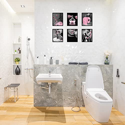 Fashion Wall Art Bathroom Wall Decor Prints Set Of 6 Black And White Glam Glitter Canvas Posters Photos Pictures Bathroom Artwork Wall Modern Women Funny Bathroom Decoration (Pink, 8"X10" Unframed) #TOP6