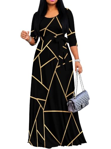 Image of PinkPatty Women's Plus Size Maxi Dresses Casual Flowy 3 /4 Sleeves Dress Printed Vacation Dress for Daily Wear with Belt