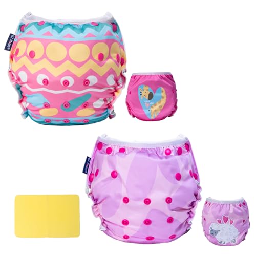 EZ Moms Baby Swim Diapers Reusable 2Pcs Snap One Size Adjustable Washable Newborn Infant Swim Diaper with a Shammy Towel for Baby Girl Water Diaper Waterproof Swimming Diapers for Swimming Lessons
