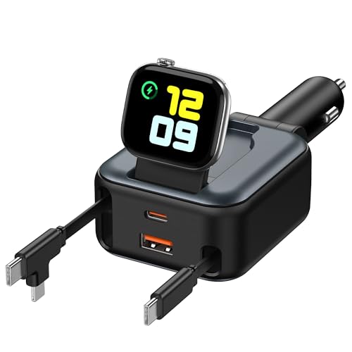 6 in 1 Retractable Car Charger 100W USB C + USB A Fast Charging for iPhone 17/16/15/14/13/12/11 iWatch Android Travel Essentials Car Accessories Gift for Men & Women (Grey)