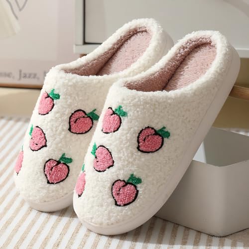 Cute Fruit Peach Pattern Slippers Warm Cozy Soft Fuzzy Fluffy Furry for Home Comfort Fall/Winter Holiday Season Indoor Warmth for Women (7.5)2