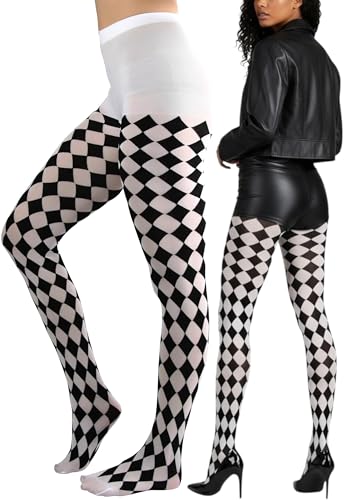 ToBeInStyle Womens Harlequin Designed Opaque Full Footed Pantyhose - BLACK/WHITE