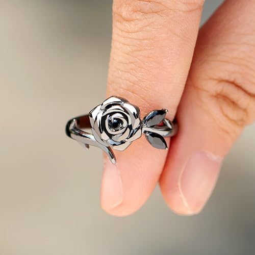 Rose Flower Ring for Women, 925 Sterling Sliver Elegant Flower Rose Black CZ Leaf Twig Rings Promise Ring for Mother 14K Gold Plated Love All Parts Of Myself Wedding Birthday Jewelry Gift2