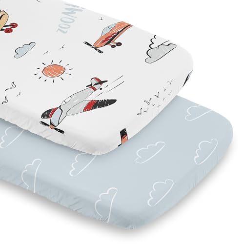 Image of Sweet Jojo Designs 2-Piece Baby Bassinet Sheets Set (Vintage Airplane) for Boys, Infant Newborn Nursery, Oval, Rectangle & Hourglass Mattress (Airplanes, Plane Transportation, Clouds, Red, Slate Blue)