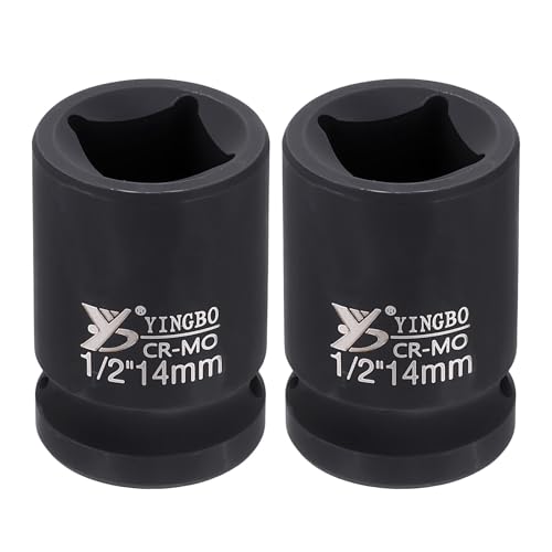 Image of sourcing map 2pcs 4 Point Square Socket 1/2" Drive 14mm Metric Square Impact Socket 1.5" (38mm) Long 40CR Steel Phosphating Standard Wheel Sleeve Tool for Auto Repair Mechanical Home Use