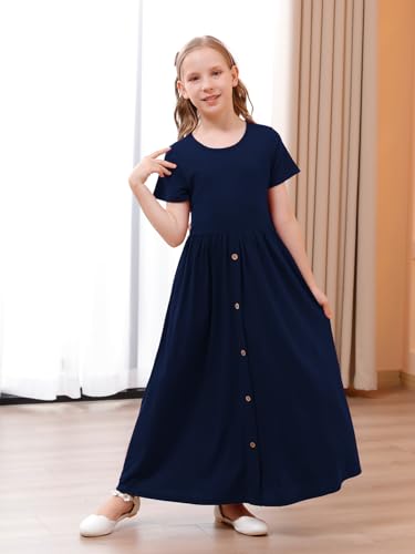 GORLYA Girl’s Modest Simple Button Casual Loose Holiday Long Maxi Dress with Pockets for 4-14Y Kids3