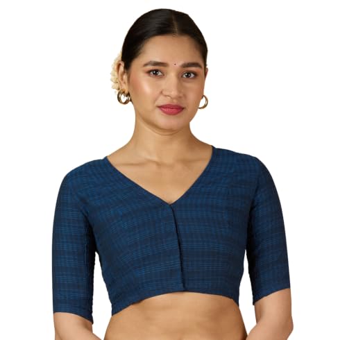 Image of Studio Shringaar Women Cotton Half Sleeve Madras Checks Saree Blouse with Stretchable Sides