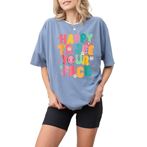Back to School Teacher Retro Positivity Bubble Letters T-Shirt for Young Adults - Colorful & Playful Design with Smiley Face & Daisies Schoold Staff Shirt for First Graders
