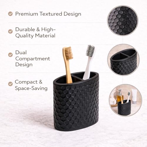 Image of MARKET 99 Black Diamond Cut Toothbrush Holder | Matte Black Polyresin Bathroom Organizer | Oval Toothbrush Stand for Bathroom Vanity, Wash Basin & Dental Accessories